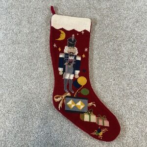 Vintage Needlepoint Christmas Stocking Nutcracker Soldier Red Velvet Backing